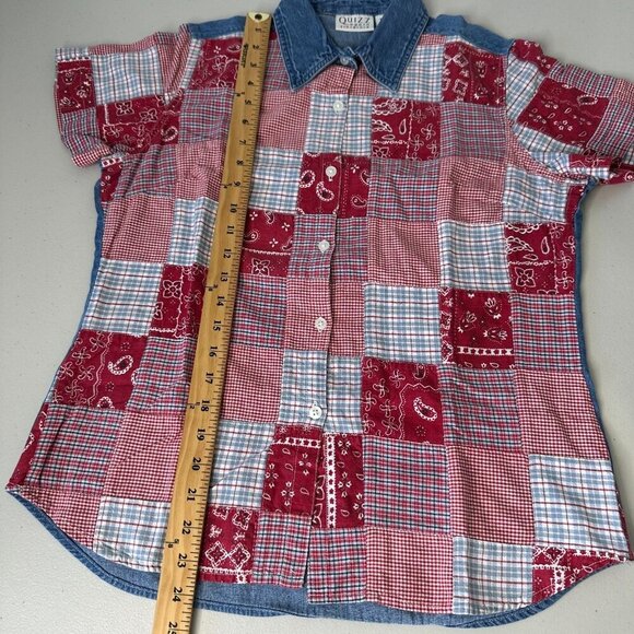 Quizz Again Patchwork Shirt Size M Plaid Bandana Denim Collar Western - Picture 5 of 6